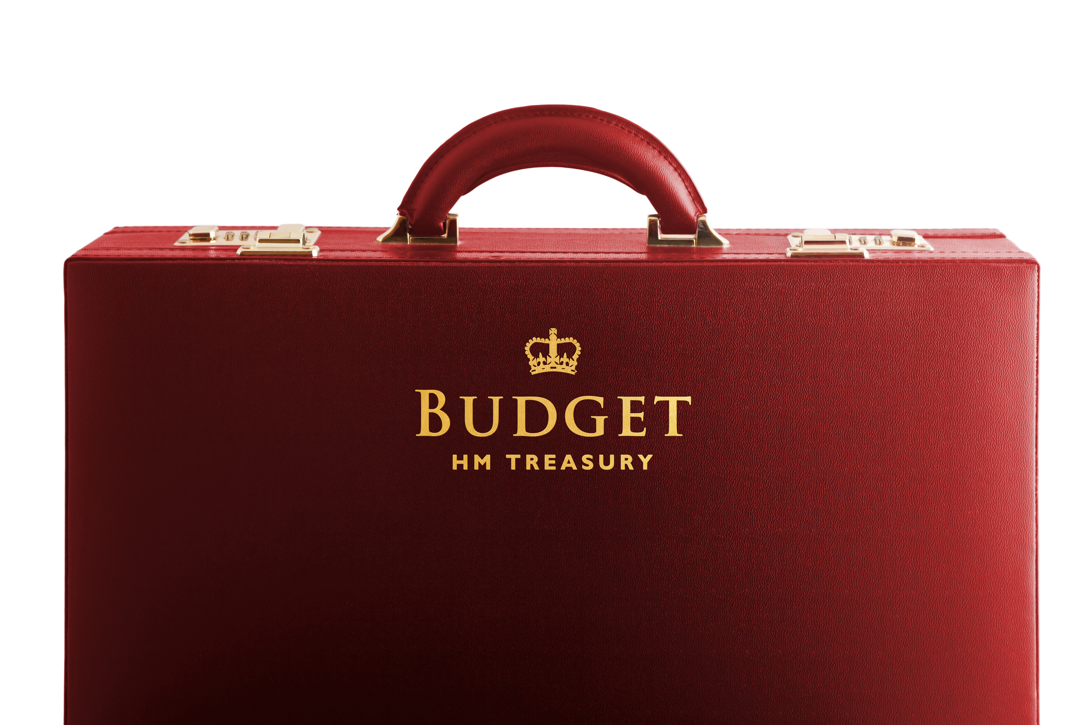 A red suitcase that says "Budget HM Treasury" on the front